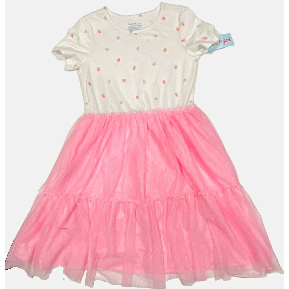Cat & Jack Girls XL 14 Strawberry Print Tulle Tutu Dress Pink White Short Sleeve
